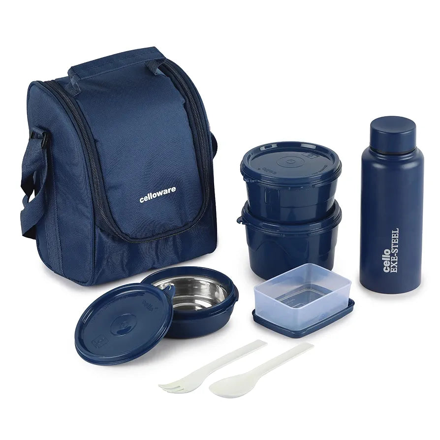 CELLO MF All in One Lunch Box Set of 5 with Bag, Blue | 3 Microwave Safe Inner Steel Containers , 1 Pickle Box and 1 Steel Bottle | Air Tight Leakproof Tiffin Box Set for Office